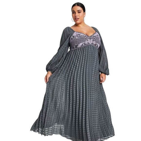 ASOS Design Curve Dress Plus Size 20 Embroidered Long Sleeve Pleated Elegant NEW - Picture 1 of 11